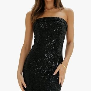 Cantonwalker Womens Satin Strapless Side Slit Stretch Bodycon Party Mini Dress.